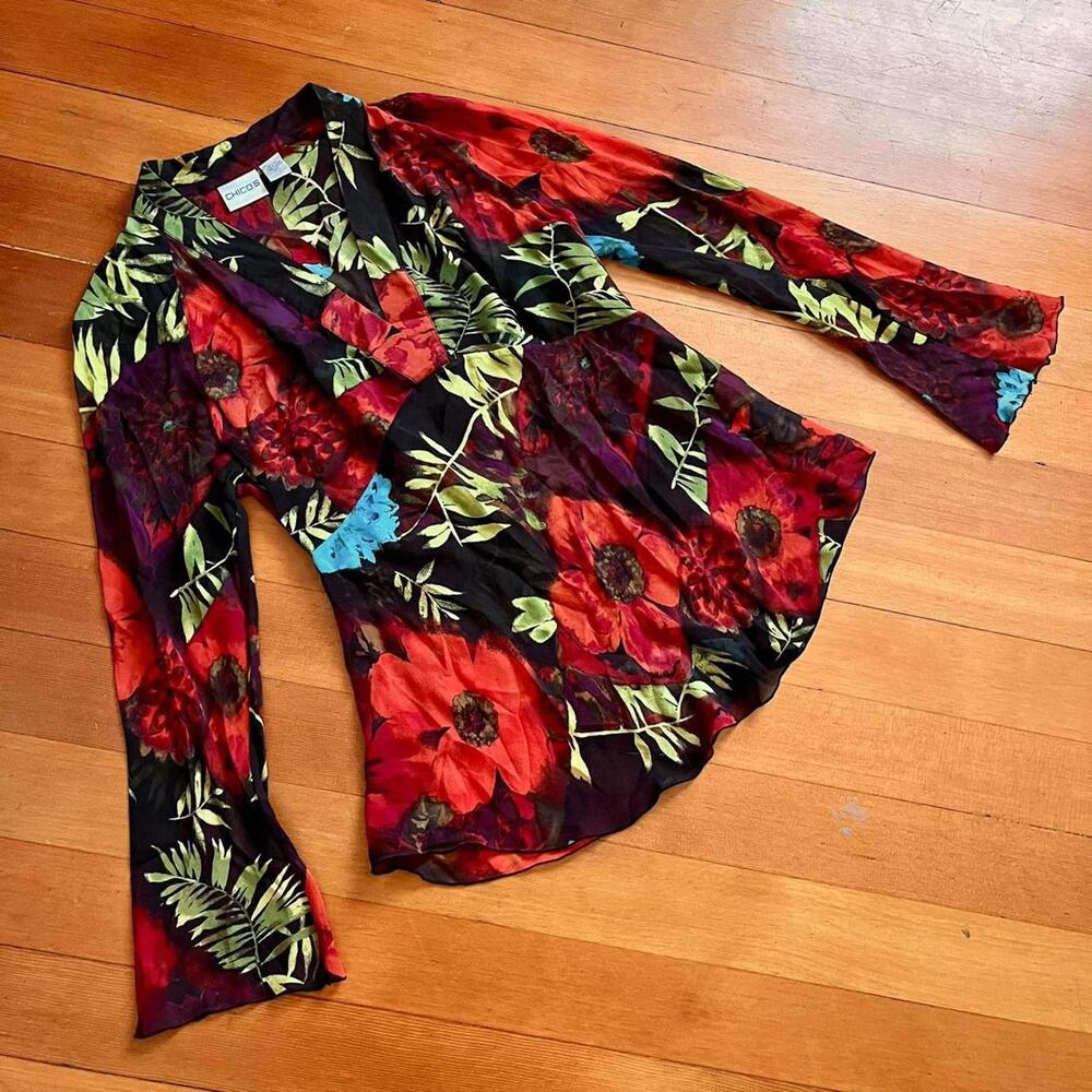 Chico's Vintage 2000s Silk Semi-Sheer Vibrant Botanical Flare Sleeve Top, Size 1